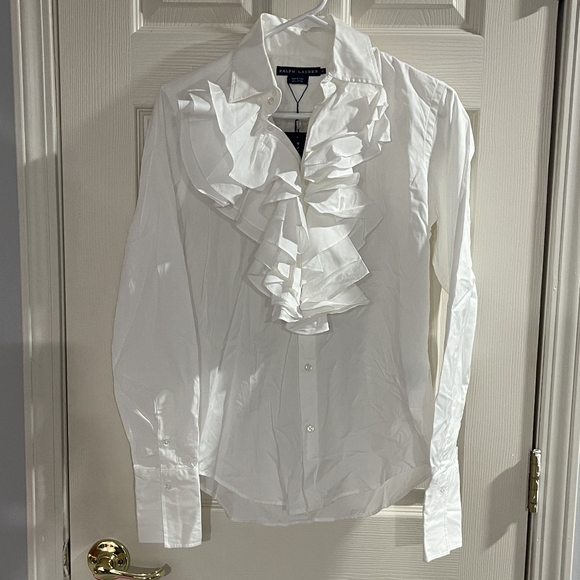 NWT Ralph Lauren Vintage Y2K Womens Classic Cotton White Ruffled Button Up Shirt